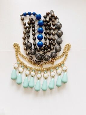 2PCS Statement Necklaces Gold Mint Green Teardrop Blue Beaded Chunky Set
